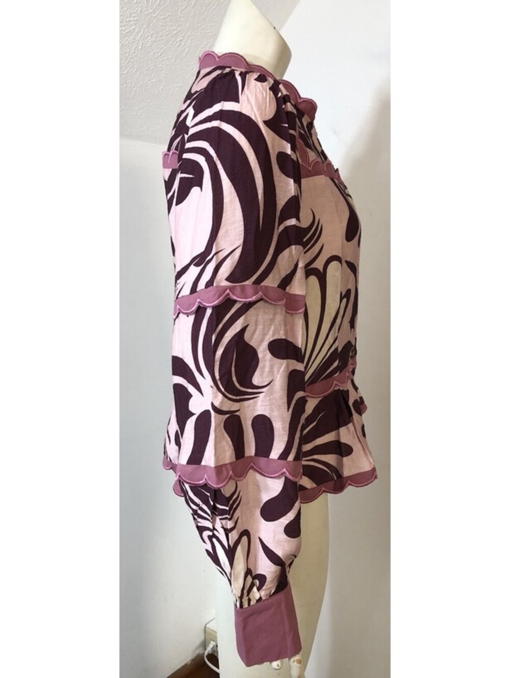 TCEC Womens Large Blouse Pink Burgundy Print Scalloped Trim Peplum New - Picture 3 of 9
